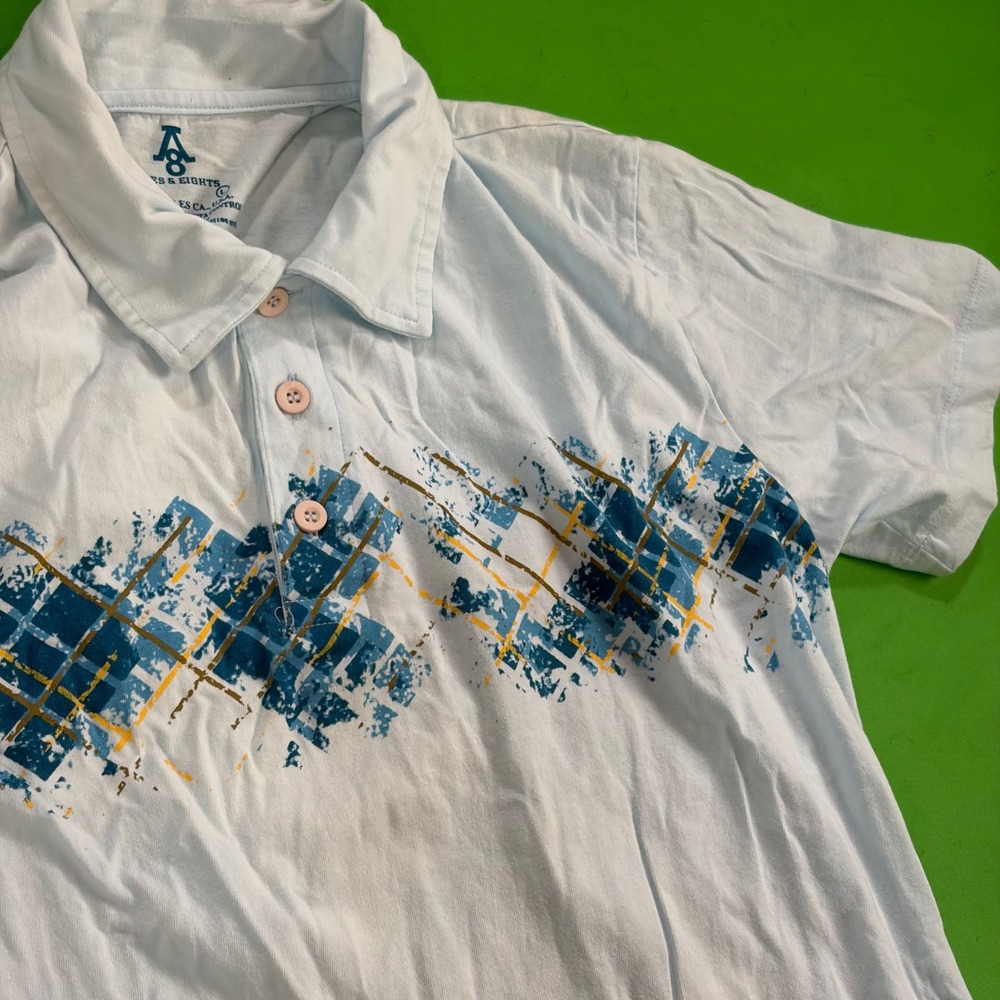 Aces & Eights Polo Mens L Light Blue Argyle Plaid Stripe 100% Cotton Golf Shirt